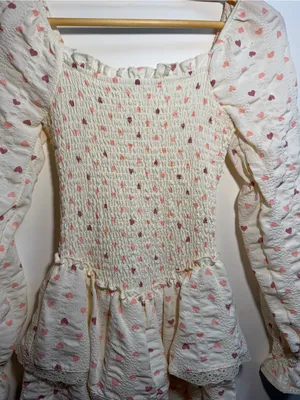 Heart Print Smocked Mini Dress XS Cottagecore Coquette Puff Sleeve Lace Trim thumbnail 3