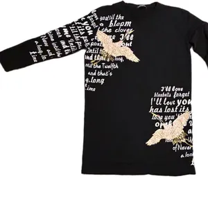 Comaekar Black Graphic‎ T-Shirt Dress Sequin Crane Bird Script Long Sleeve Mini thumbnail 4