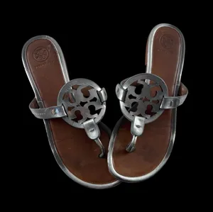 Tory Burch Brown Leather Sandals with Silver Logo Medallions thumbnail 1
