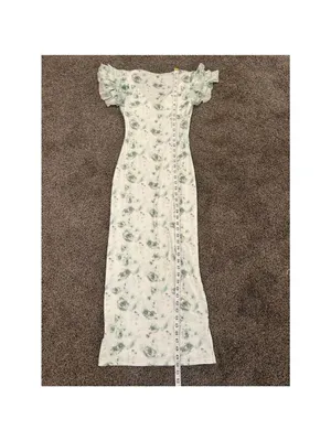 White Green Floral Maxi Dress Ruffle Sleeve Bodycon XS thumbnail 8
