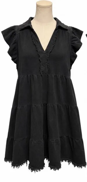 Umgee Black Ruffle Sleeve Tiered Cotton Mini Dress Size 10 Raw Hem thumbnail 1