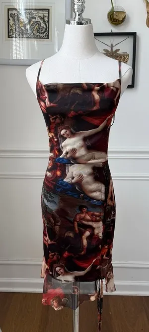 Pretty Little Thing Mesh Bodycon Ruched Mini Dress Renaissance Artwork Print 4 thumbnail 1