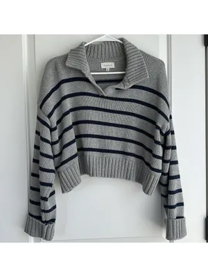 PacSun Callie Cotton Stripe Crop Polo Sweater Heather Gray XL thumbnail 4