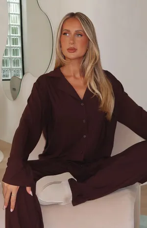 White Fox Boutique Chocolate Brown Cozy Soft Pillow Talk Long Sleeve Pyjama PJ Set thumbnail 1