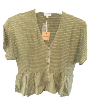 Blu Pepper Olive Green Button-Front Short Sleeve Peplum Top thumbnail 1