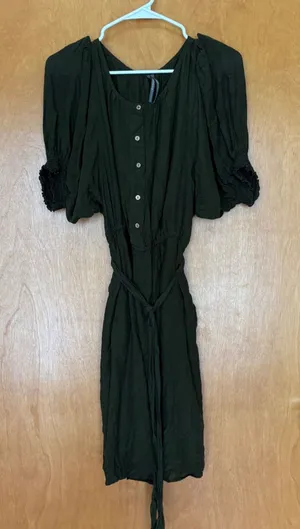 Anthropologie Mini Dress Women Size M Green Linen Blend Puff Sleeve Button Front thumbnail 1