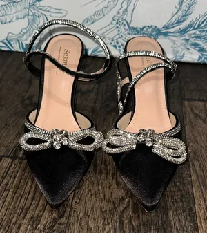 Sussany Black Satin Heels with Rhinestone Bow thumbnail 1