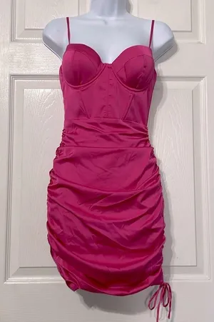 Oh Polly Timeless Romance Ruched Asymmetric Satin Mini Dress in Pink Size 4 thumbnail 4