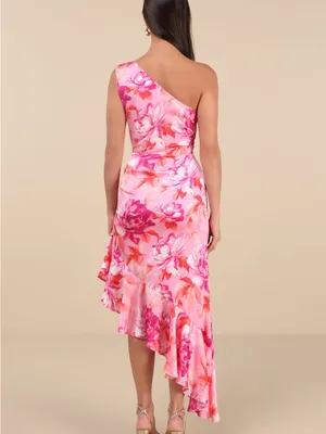 Lulus Divinely Blooming Pink Multi Floral One-Shoulder Midi Dress Size Small NWT thumbnail 3