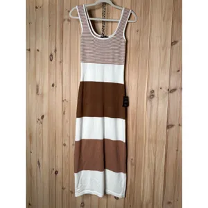 NWT Lulus Easily Gorgeous Ivory and Brown Striped Midi Sweater Dress Casual Sz S thumbnail 2