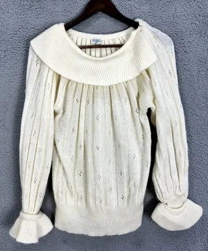 Vintage Sweater Womens Medium Ivory Mohair Blend Open Knit Ruffle Grandma‎ Regal thumbnail 1
