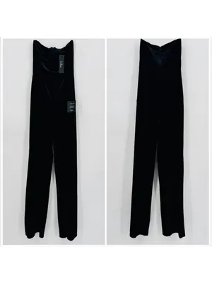 NWT Lulus Black Velvet Moody at Midnight Strapless Notched Jumpsuit XS thumbnail 3