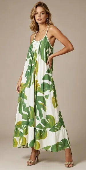 NWOT Farm Rio Linen Blend Green Leaf Print Sleeveless Maxi Dress Size XS thumbnail 1
