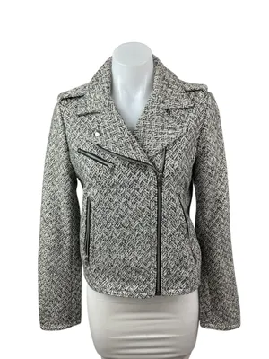 Gap Women's Gray Chevron Wool Long Sleeve Zip Up Moto Biker Coat Jacket Size S thumbnail 1