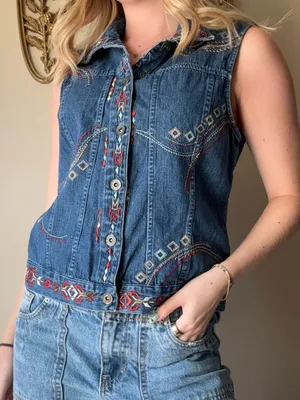 Christopher & Banks 2006 Embroidered Denim Sleeveless Button-Front Vest thumbnail 6