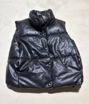 Zara Black Puffer Vest Jacket faux leather small thumbnail 1