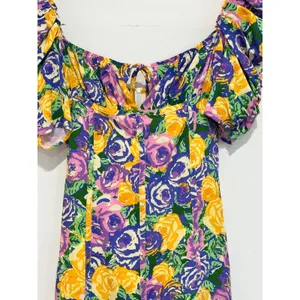 Zara Floral Puff Sleeve Mini Dress Purple Yellow Rose Print Sweetheart Neck XS thumbnail 3