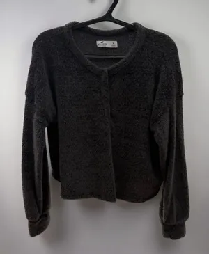 Hollister Charcoal Gray Fuzzy Knit Button Front Cardigan Sweater‎ Womens Medium thumbnail 1