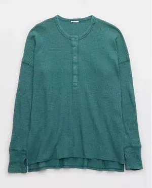 OFFLINE By Aerie Wow! Waffle Henley T-Shirt Long Sleeve Thumbholes Green Small thumbnail 1