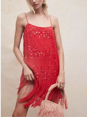 Free People Red Crystal Clear Fringe Retro Flapper Round Neck Thin Strap Dress S thumbnail 5