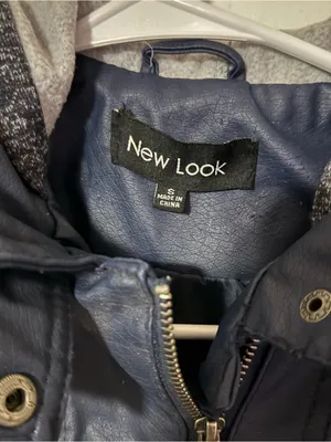 New Look Navy Faux Leather Jacket with Gray Knit Sleeves and Hood thumbnail 2