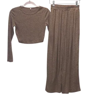 Woman’s Small Brown Ribbed Knit Crop Top and Wide-Leg Pants Set thumbnail 1