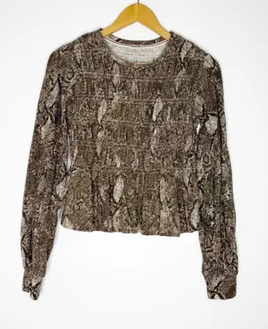 Pilcro Anthropologie Ruffle Peplum Snake Print Blouse XXS Long Sleeve thumbnail 1