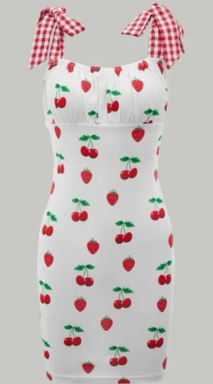 💜Retro Strawberries & Cherries Gingham Strap Dress thumbnail 1