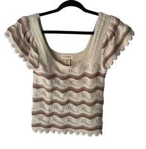 Jessica Simpson Knit Top Striped Cropped Cream Brown M Romantic Cottage Coquette thumbnail 1