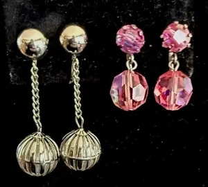 Vintage pink aurora borealis and silver tone dangle drop clip on earrings thumbnail 1