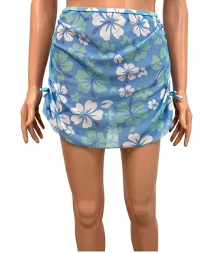 XS S hibiscus floral sheer mesh stretch ruched swim cover skirt SW2 3512 thumbnail 1