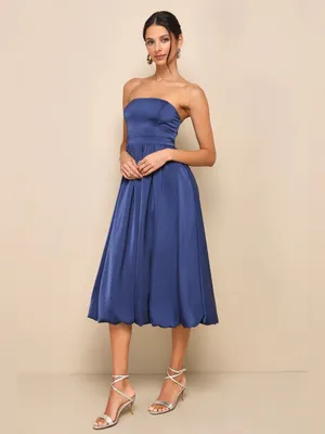 Lulus Lavish Elegance Navy Blue Satin Strapless Bubble-Hem Midi Dress, Size XS thumbnail 5