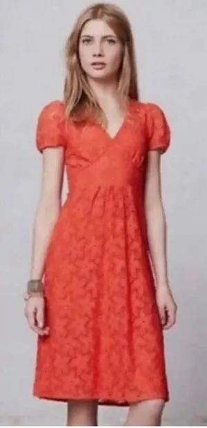 Anthropologie Leifnotes Small Orange Dogflora Eyelet Midi Dress Short‎ Sleeve thumbnail 1