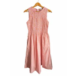 LOFT Striped Poplin Midi Dress Women’s M Pink Orange Sleeveless Smocked Preppy thumbnail 2