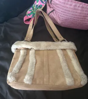 Tan Faux Suede Shoulder Bag with Cream Faux Fur Trim thumbnail 1