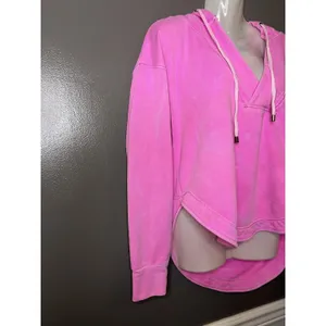 Pilcro Anthropologie Hoodie Sweatshirt Womens Medium Pink Terry V Neck High Low thumbnail 3