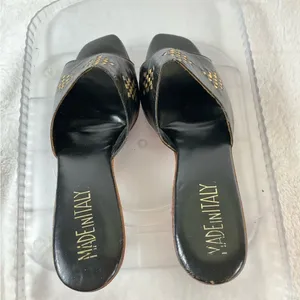 Black Leather Studded Brass Heels Slides Sandals Sz 8.5 Narrow made‎ in Italy thumbnail 5