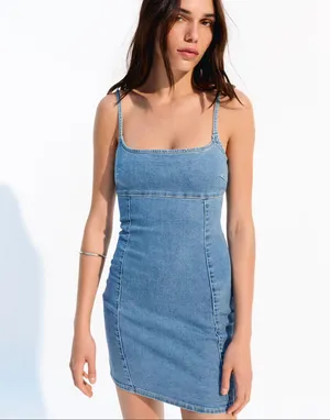 denim mini dress with spaghetti straps. Blue thumbnail 1