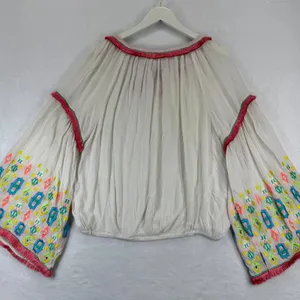 Ramy Brook Ivory Embroidered Tassel Tie‎ Neck Bell Sleeve Boho Blouse Medium thumbnail 10