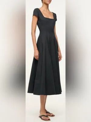 NEW STAUD Wells Stretch Cotton Fit & Flare black Midi Dress sz 4 thumbnail 3