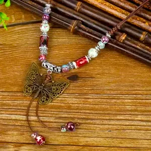 Ethnic Style Butterfly Long Necklace Vintage Sweater Chain Charm Boho Necklace J thumbnail 2