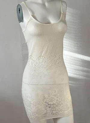 Anthropologie Easel boho ivory ribbed knit crochet floral lace mini dress small thumbnail 9
