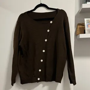SHEIN asymmetrical diagonal button down brown sweater thumbnail 4