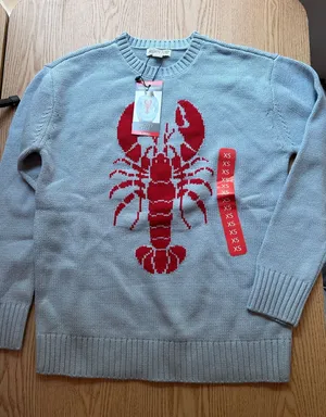New Women’s Mighty Fine Lobster 🦞 Print Sweater Cotton Acrylic Baby Blue Xs thumbnail 1