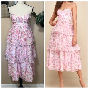 Pristine Cutie Light Pink Floral Organza Bustier Midi Dress thumbnail 2