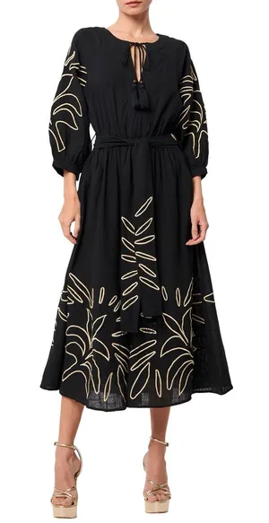 NWT CIEBON Eliza Embroidered A-Line Midi Dress Black Boho Cotton XS thumbnail 1