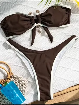 Brown Bandeau Bikini Set with White Trim NWT Size M thumbnail 1