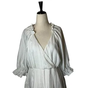 Maison Tara Midi Dress Womens 10 White Striped Excellent Ruffle Wrap V-Neck Puff thumbnail 5