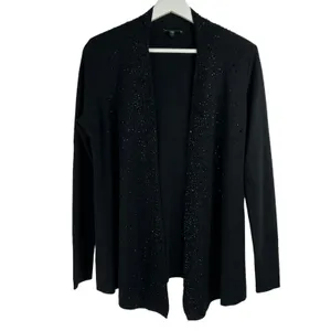 Eileen Fisher S Cardigan Black Beaded Merino Wool Open Front Italian Yarn Luxury thumbnail 2