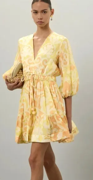 Alexis Capri Yellow Orange Abstract V-Neck Mini Dress $598 flowy coquette XS thumbnail 1